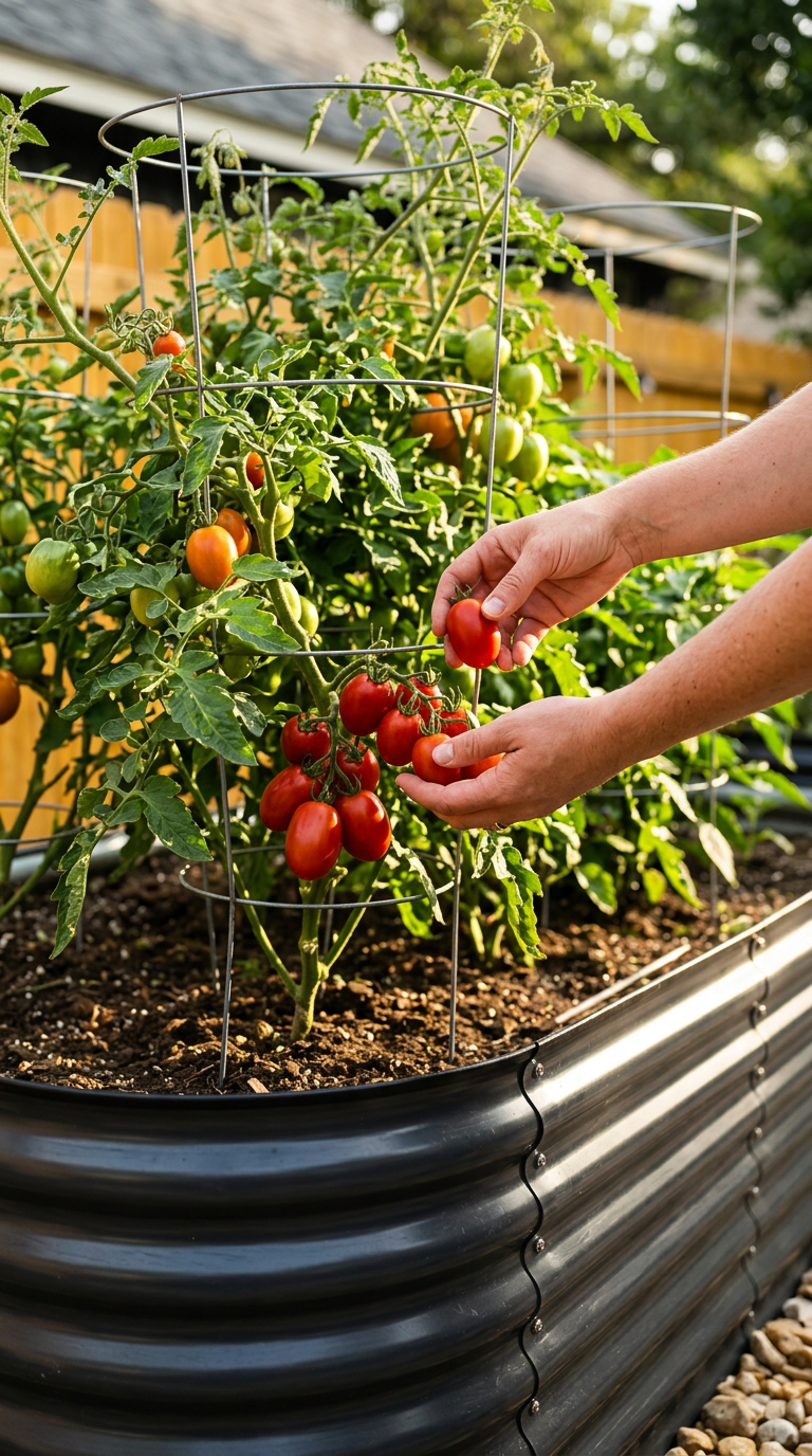 Harvesting tomatoes from a raised bed