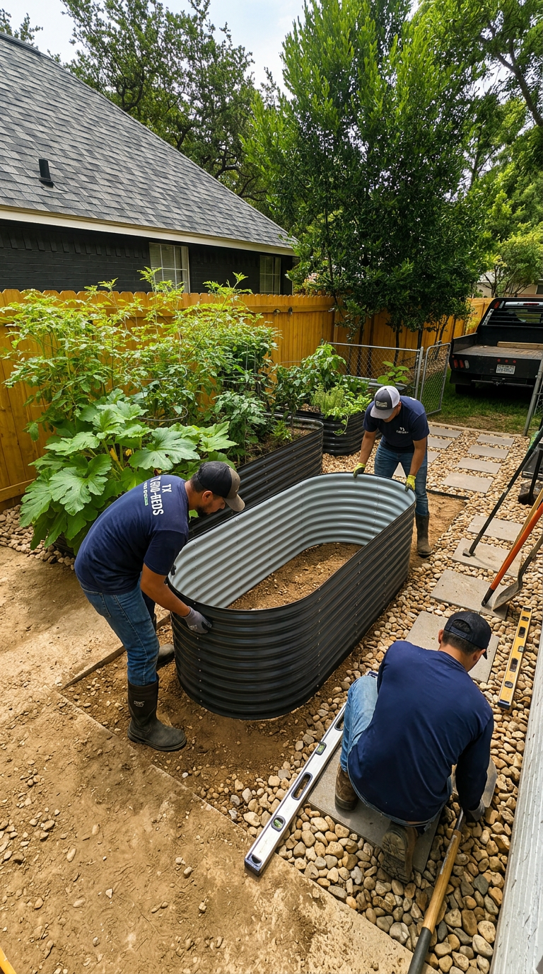 Installers placing a raised bed in an Austin backyard